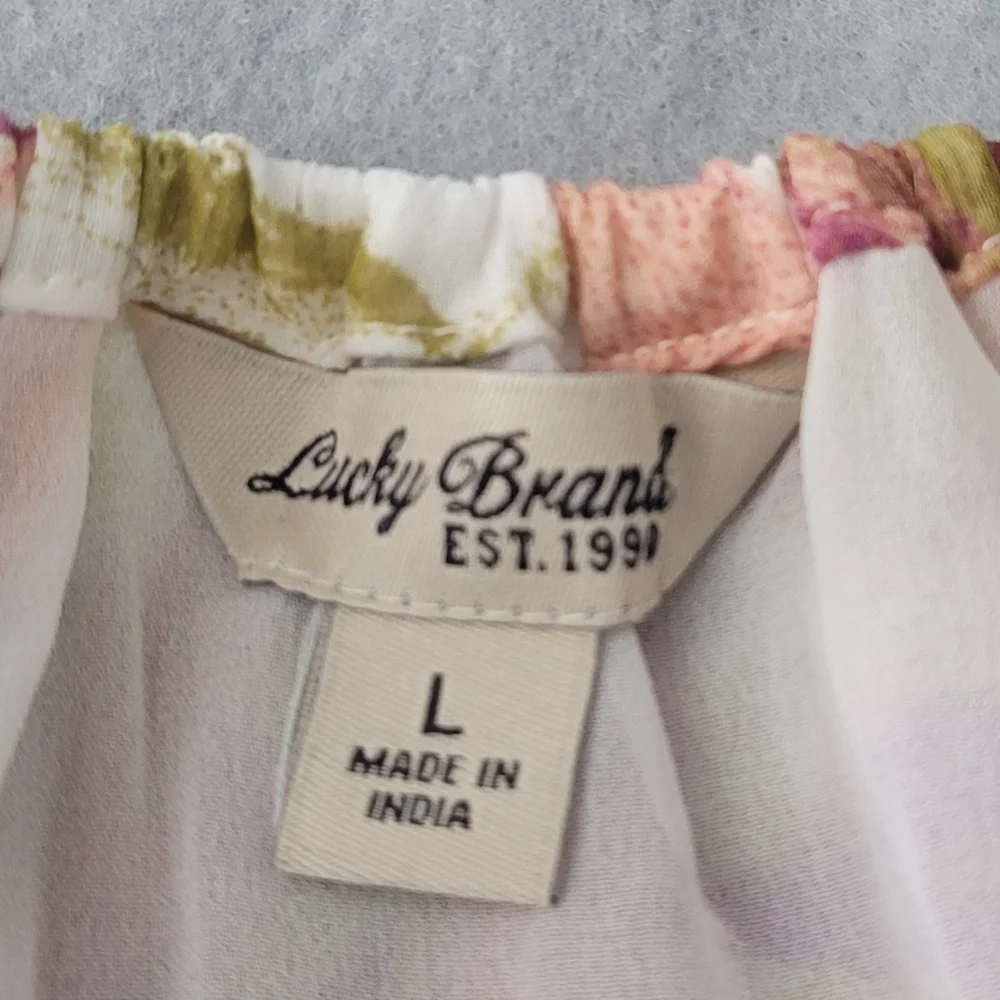 Lucky Brand Botanical Chiffon Blouse Women's Size L Tiered Sleeves & Hem Lined - Picture 6 of 11